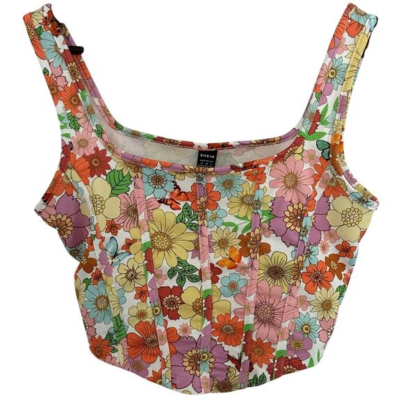 Shein Retro 60s Style Floral Print Cropped Corset Top Medium Groovy Festival - Picture 1 of 4